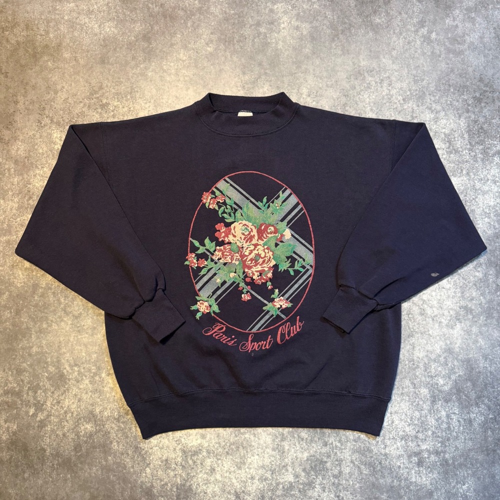 Vintage Paris Sport Club Navy Blue Floral Graphic Crewneck Sweatshirt Mens L
